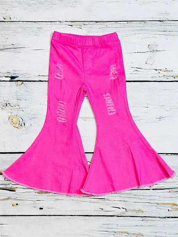 Pink Ripped Denim Bell Bottoms Girls Jeans.webp