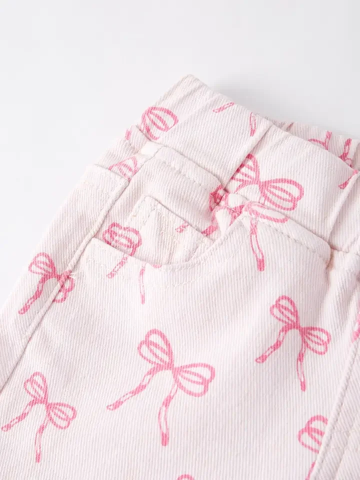 F POCKET-Girls Pink Bow Print Elastic Flared Jeans Denim Pant.webp