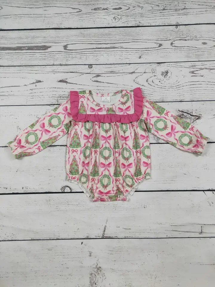 Pink Ruffle Bow Printed Christmas Baby Bubble.webp