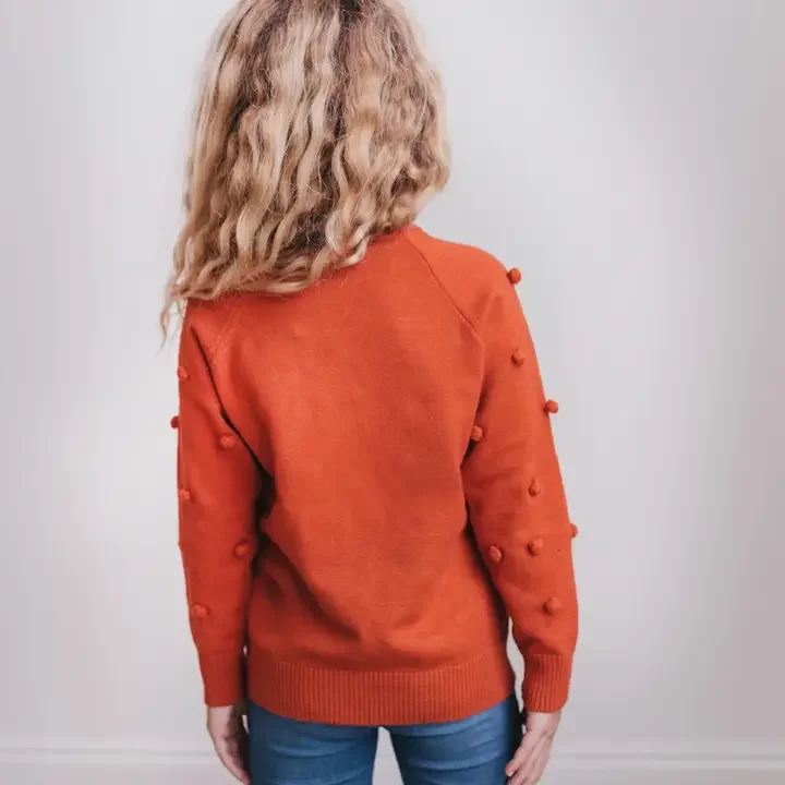 BACK-Kids Rust Pom Pom Fall Winter Scalloped Crew Neck Sweater.webp