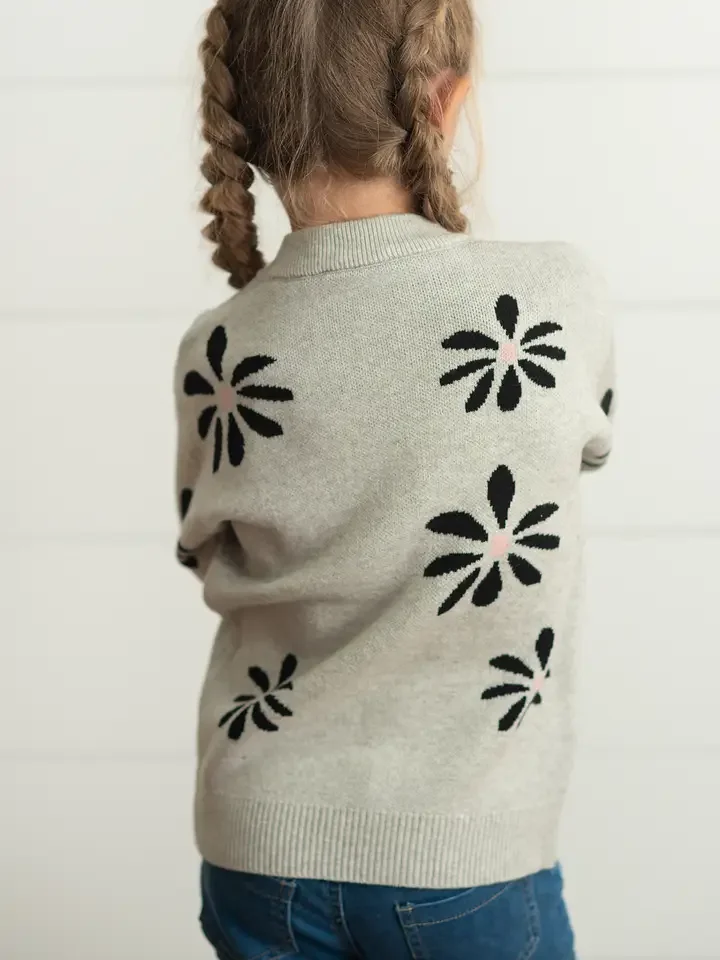 BACK-Kids Light Gray Flower Crew Neck Fall Winter Sweater.webp