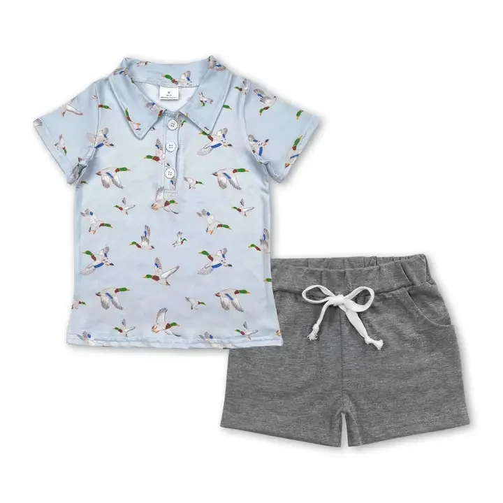Duck Polo Shirt Shorts Kids Boys Summer Clothes-Grey.webp