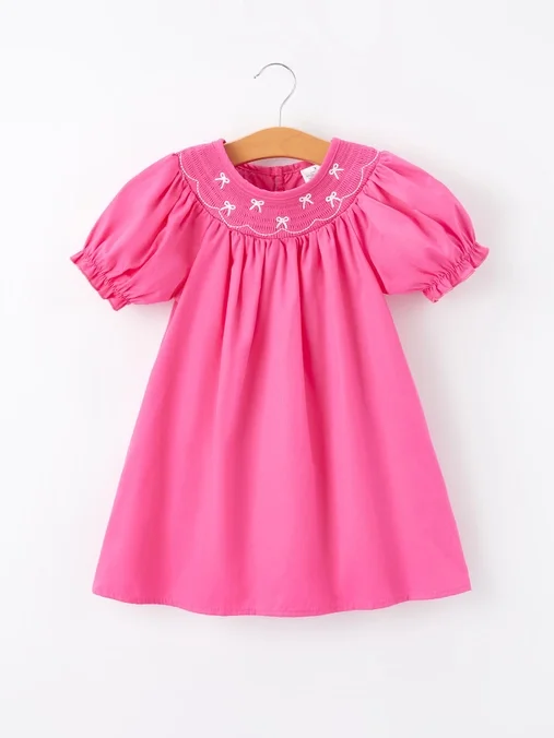 FRONT-Girls Bow Smocking Embroidery Hot Pink Dress.webp