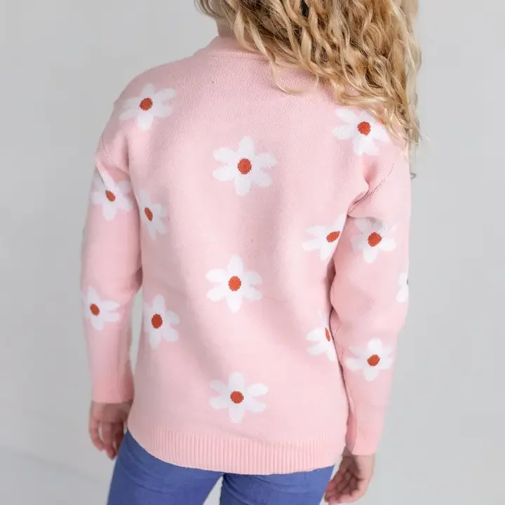 BACK-Kids Blush Pink Flower Crew Neck Fall Winter Sweater.webp