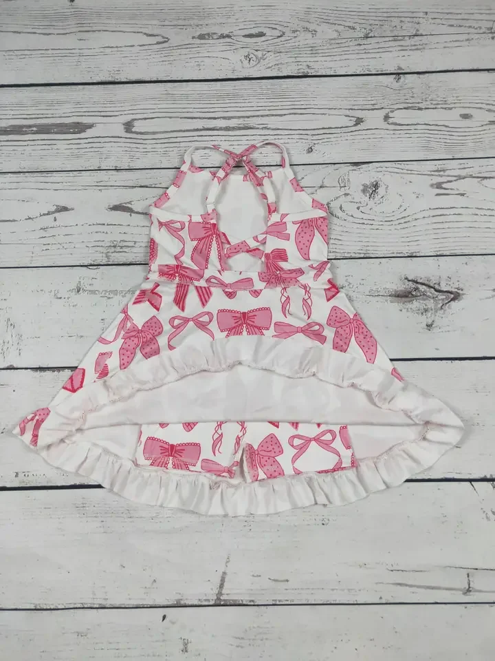 BACK-Pink Bow Print Girls Athletic Dresses.webp