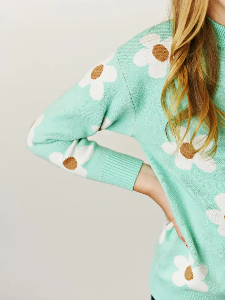 Kids Mint Teal Flower Crew Neck Fall Winter Sweater.webp