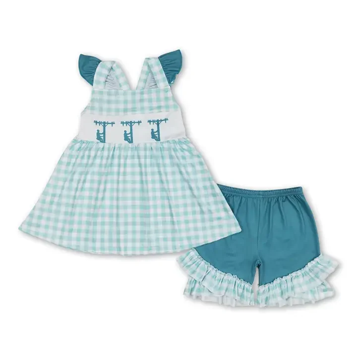 Flutter Sleeves Plaid Lineman Kids Girls Summer Clothes.webp