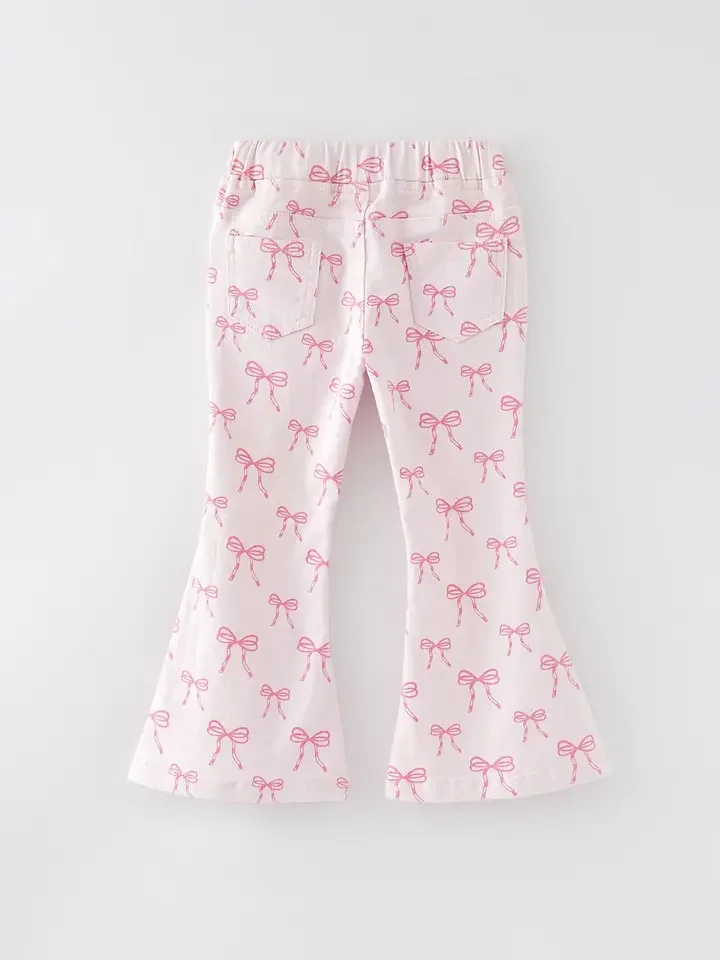 BACK-Girls Pink Bow Print Elastic Flared Jeans Denim Pant.webp