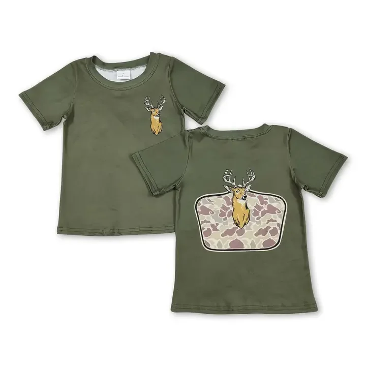 Short Sleeves Olive Camo Deer Kids Boys Shirt.webp