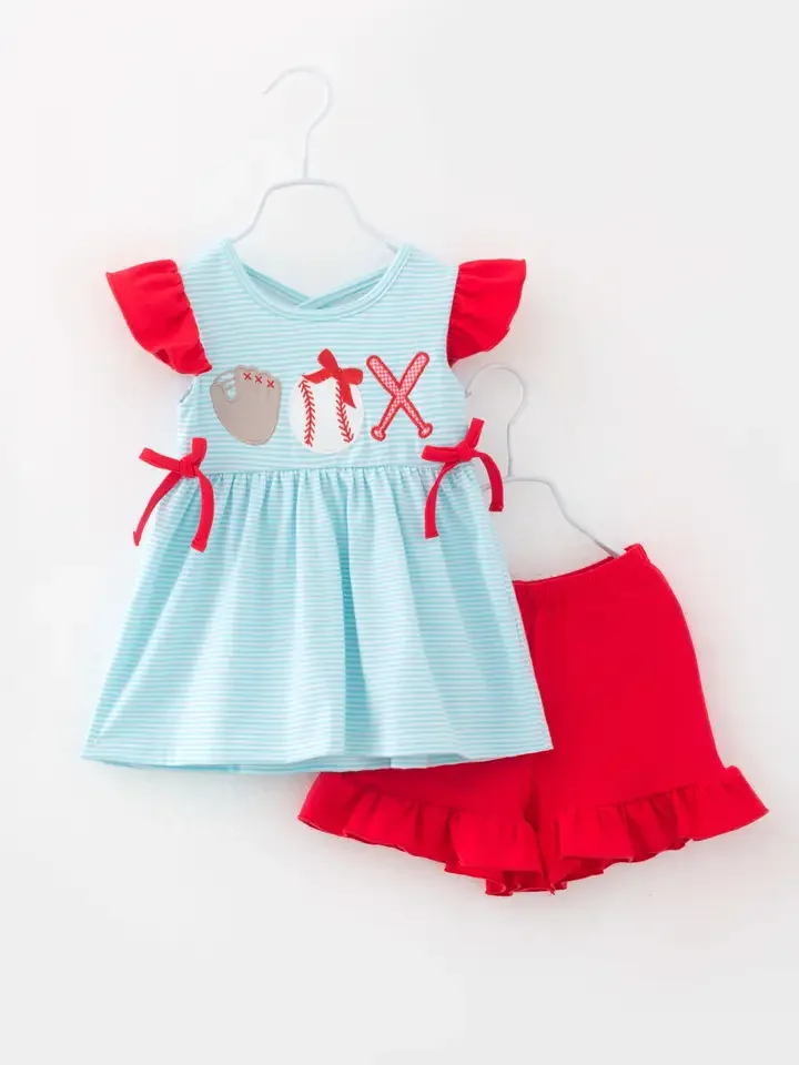 FRONT-Baseball Blue Red Striped Ruffle Girl Short Set.webp