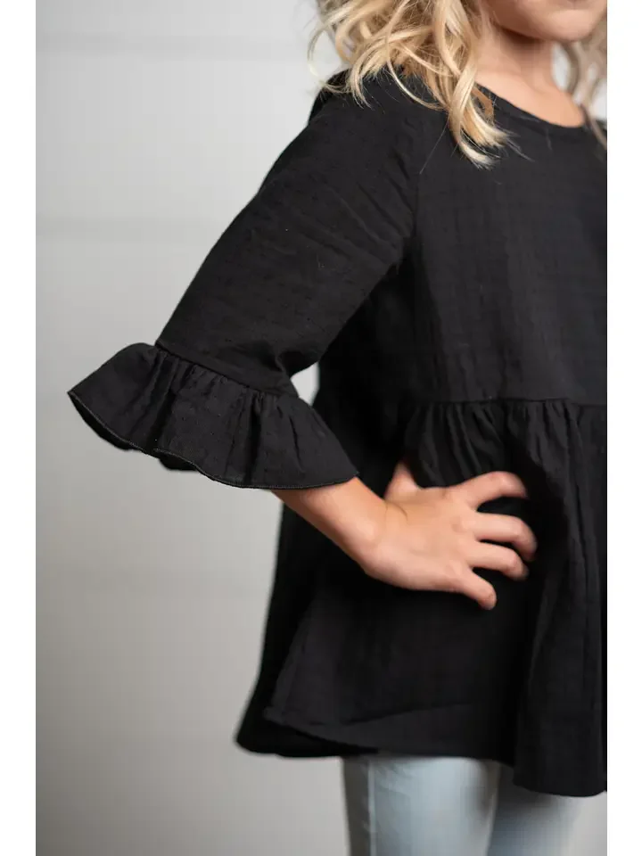 FRONT-Kids Black Ruffle Long Sleeve Winter Shirt with Buttons.webp