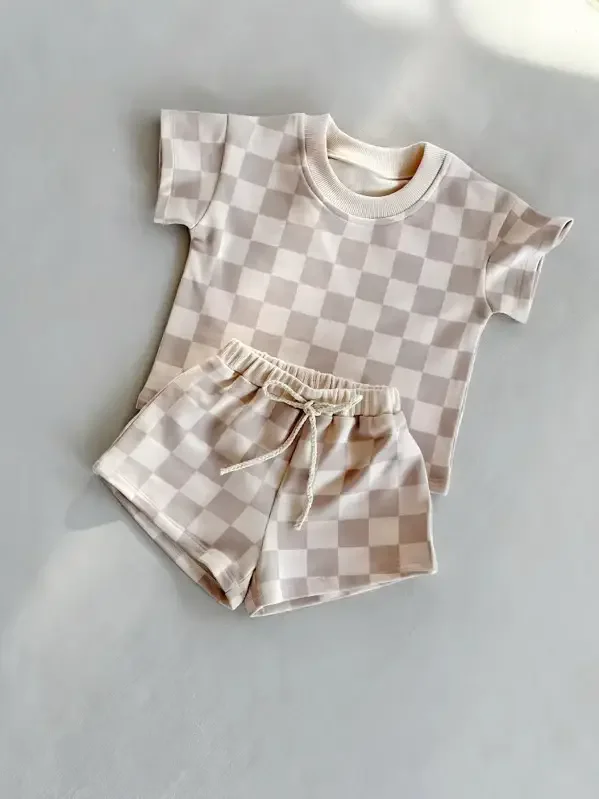 Grey Checkered Cotton Two Piece Short Sleeve Set.webp
