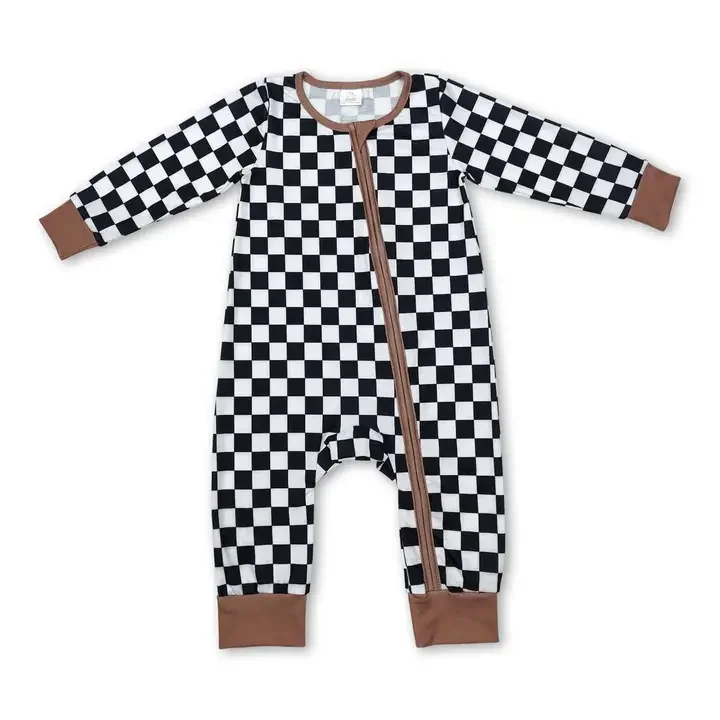Long Sleeves Plaid Baby Kids Bamboo Zipper Romper.webp