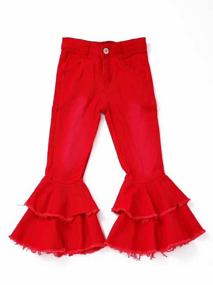 Red Double Layer Girls Bell Bottom Jeans.webp