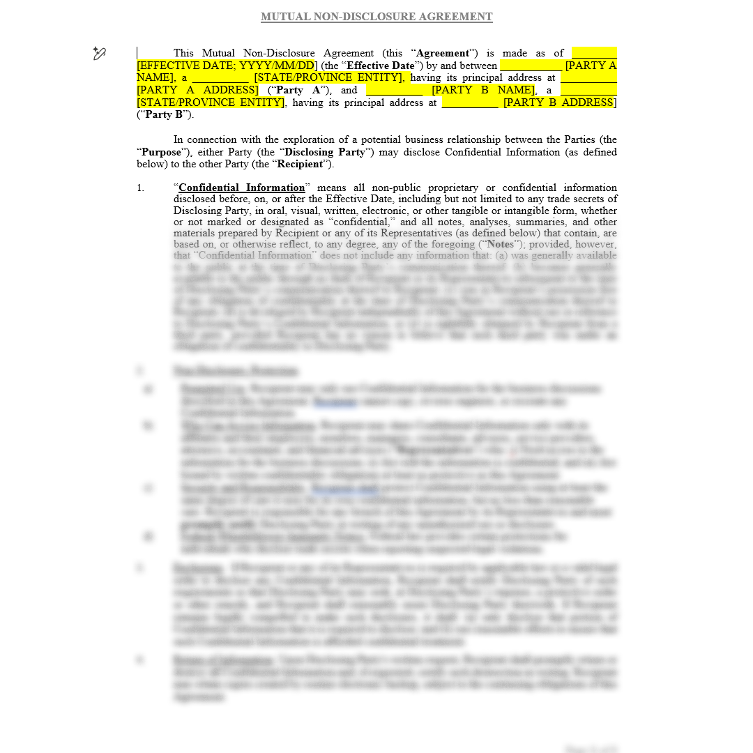 The first page of a Mutual Non-Disclosure Agreement. The agreement is written in plain English without heavy legal jargon. The page fades into a blur.