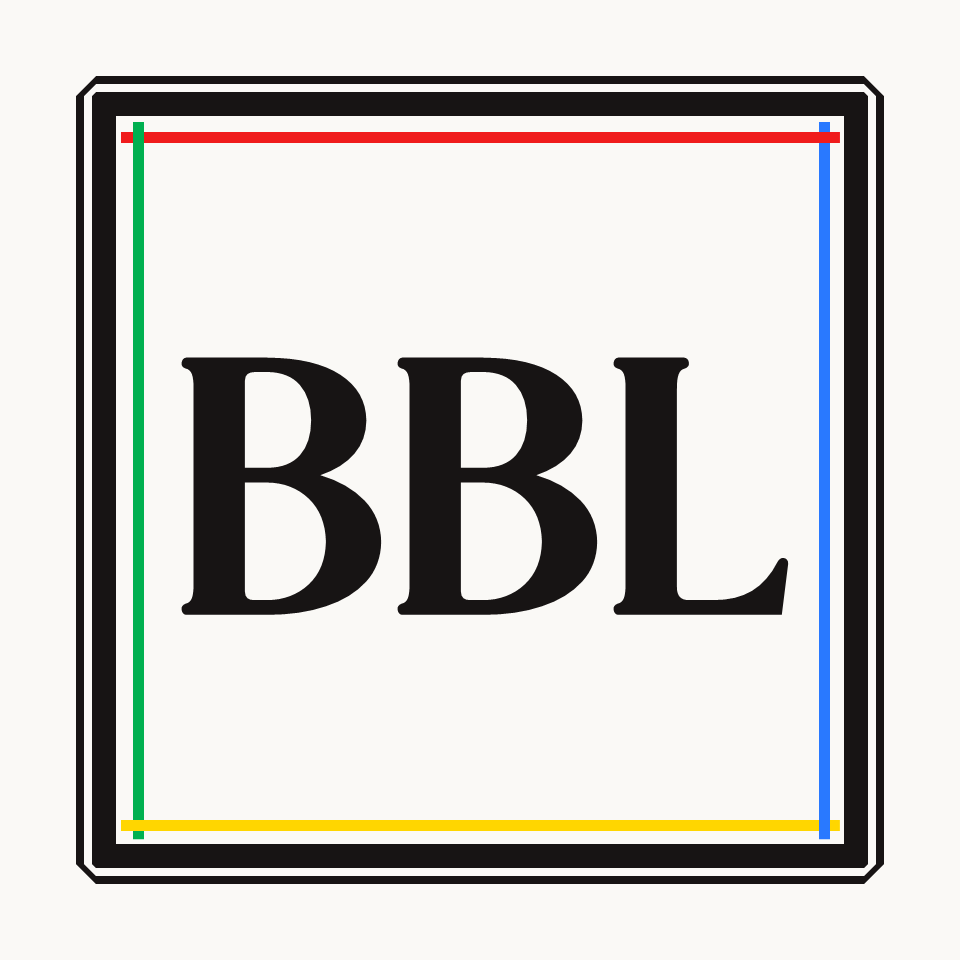 A square logo with the letters 'BBL' in black, surrounded by a black and white border with colorful lines at each corner.