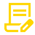 Icon of a document with a pen, represented in yellow on a transparent background.
