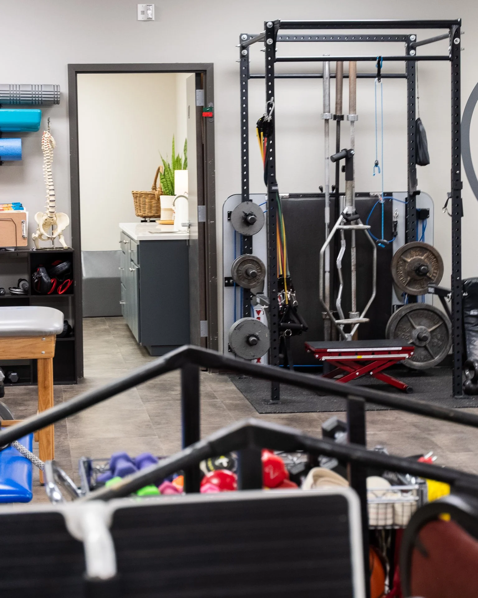 A fitness or physical therapy room with workout equipment, including weights, resistance bands, and a squat rack, with a doorway leading to a smaller room containing a sink, countertop, basket of plants, and cabinets.