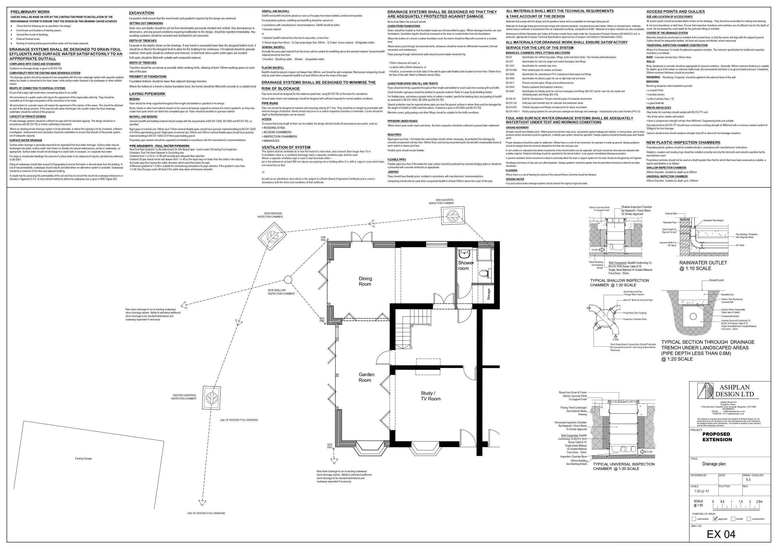 A detailed architectural plan and drainage design blueprint for a proposed extension to a house, including room layouts, drainage system details, inspection chambers, drainage trenches, and cross-sections.