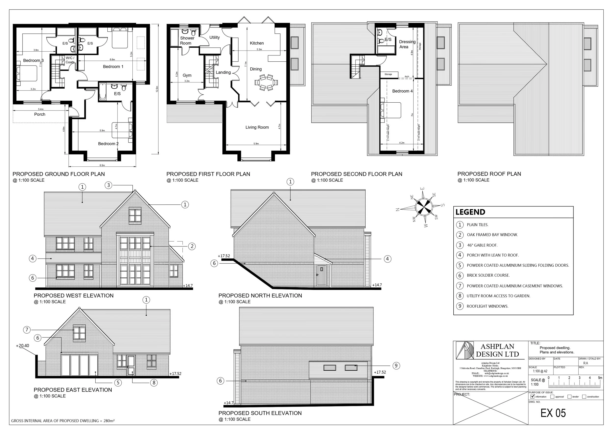Architectural blueprint for a proposed residential building, including ground, first, second floors, and roof plans, with elevations and a legend for construction materials and features.