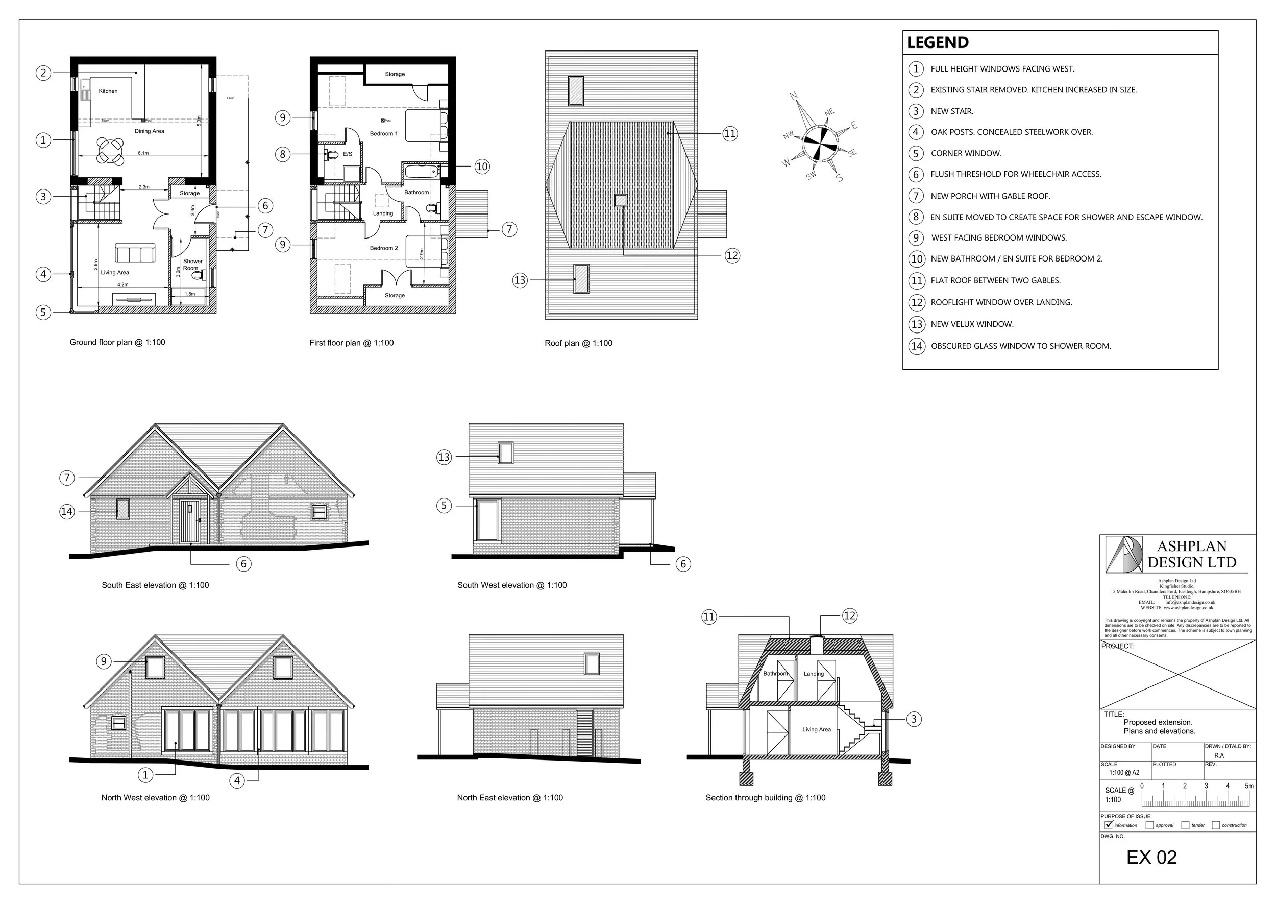 Architectural blueprint of a two-story house, showing ground floor, first floor, roof plan, and various elevations with labeled features and a legend for symbols.