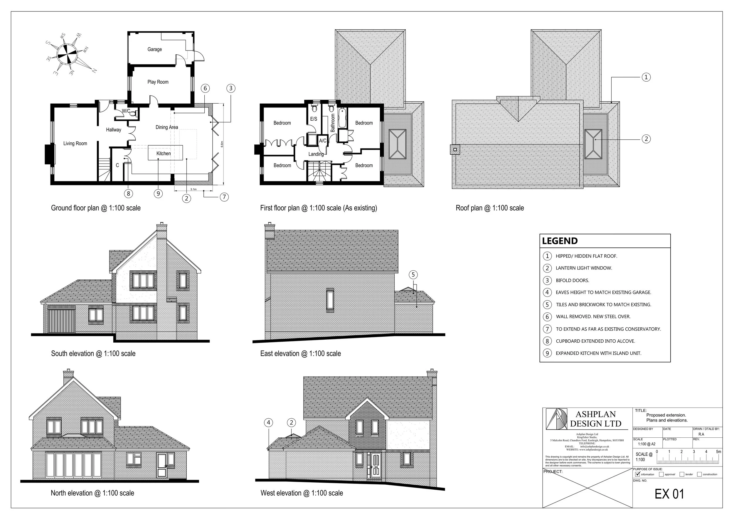 Architectural blueprint for a house including ground floor plan, first floor plan, roof plan, and elevations (south, east, north, west). The blueprint features detailed labels, measurements, and a legend explaining various elements such as roof types