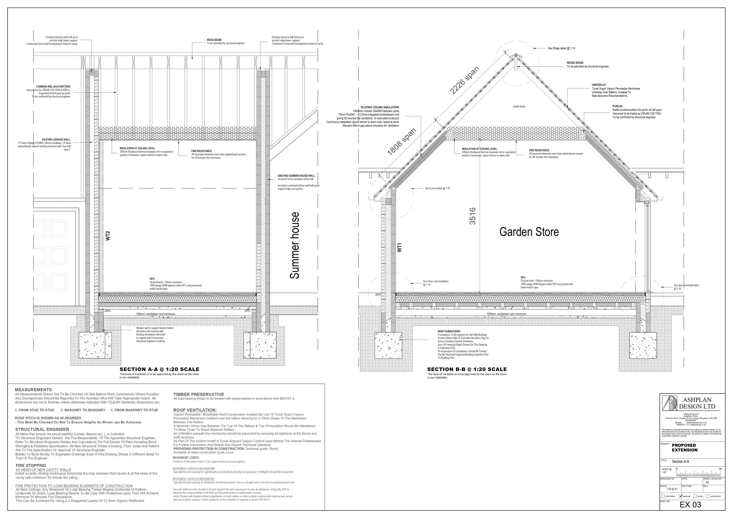 Architectural technical drawing of a building extension, showing cross-section views with detailed measurements, structural components, roof design, and foundation specifications.