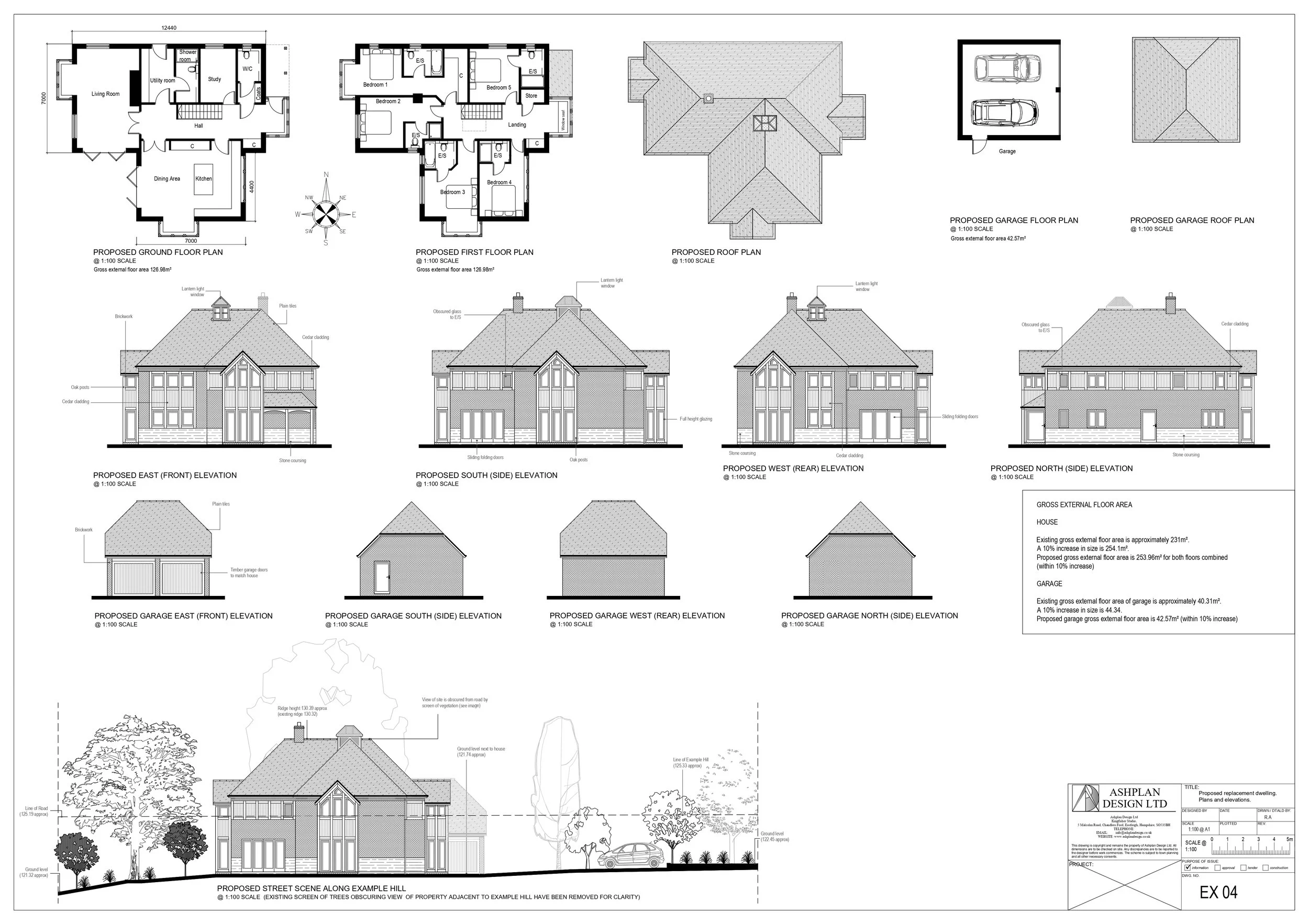 Architectural blueprint of a house including floor plans, elevation drawings, roof plans, garage plans, and a street scene illustration.