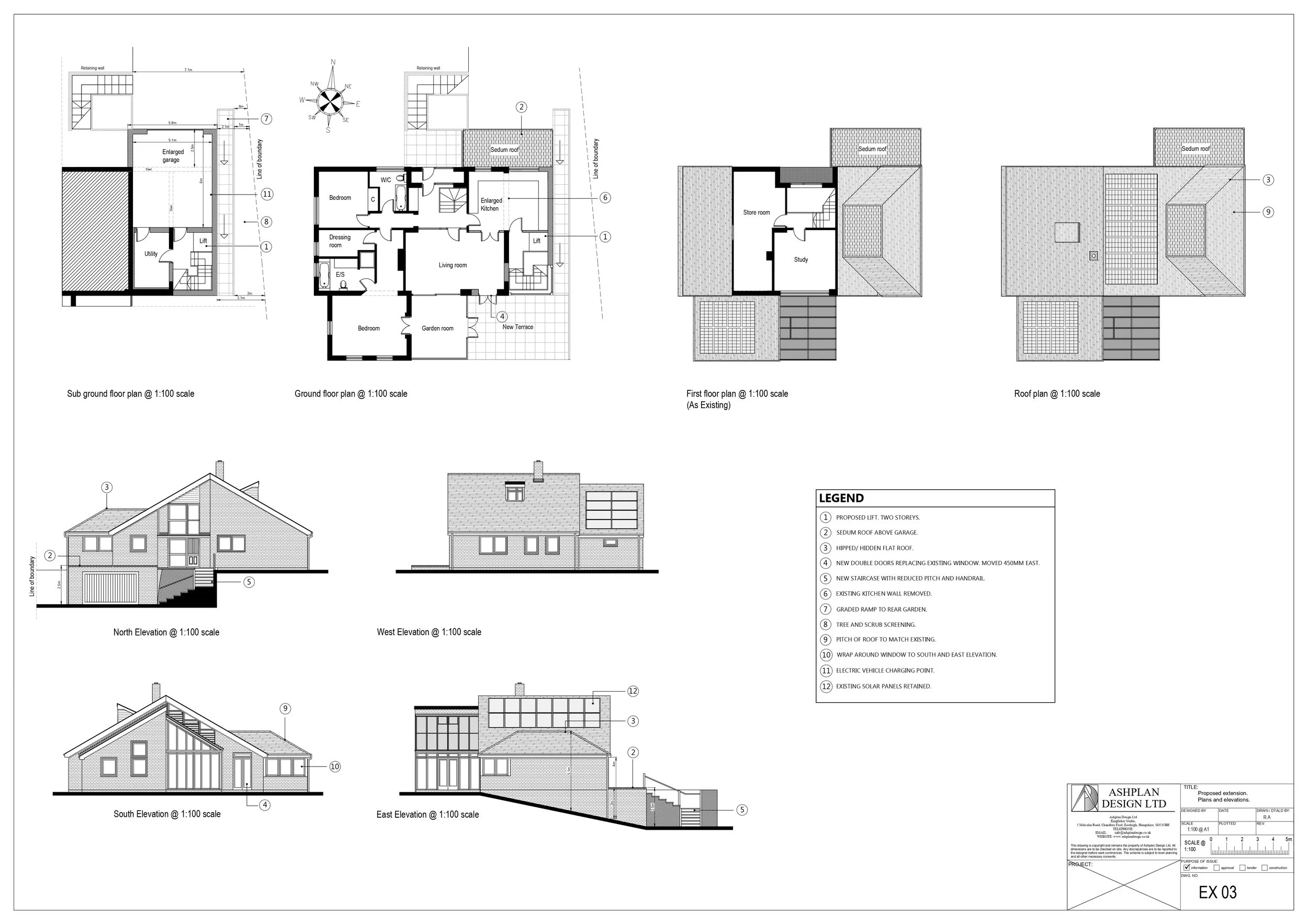 Architectural blueprint of a two-story residential building, including ground and first floor plans, roof plan, and elevation views, with a legend and a north arrow.