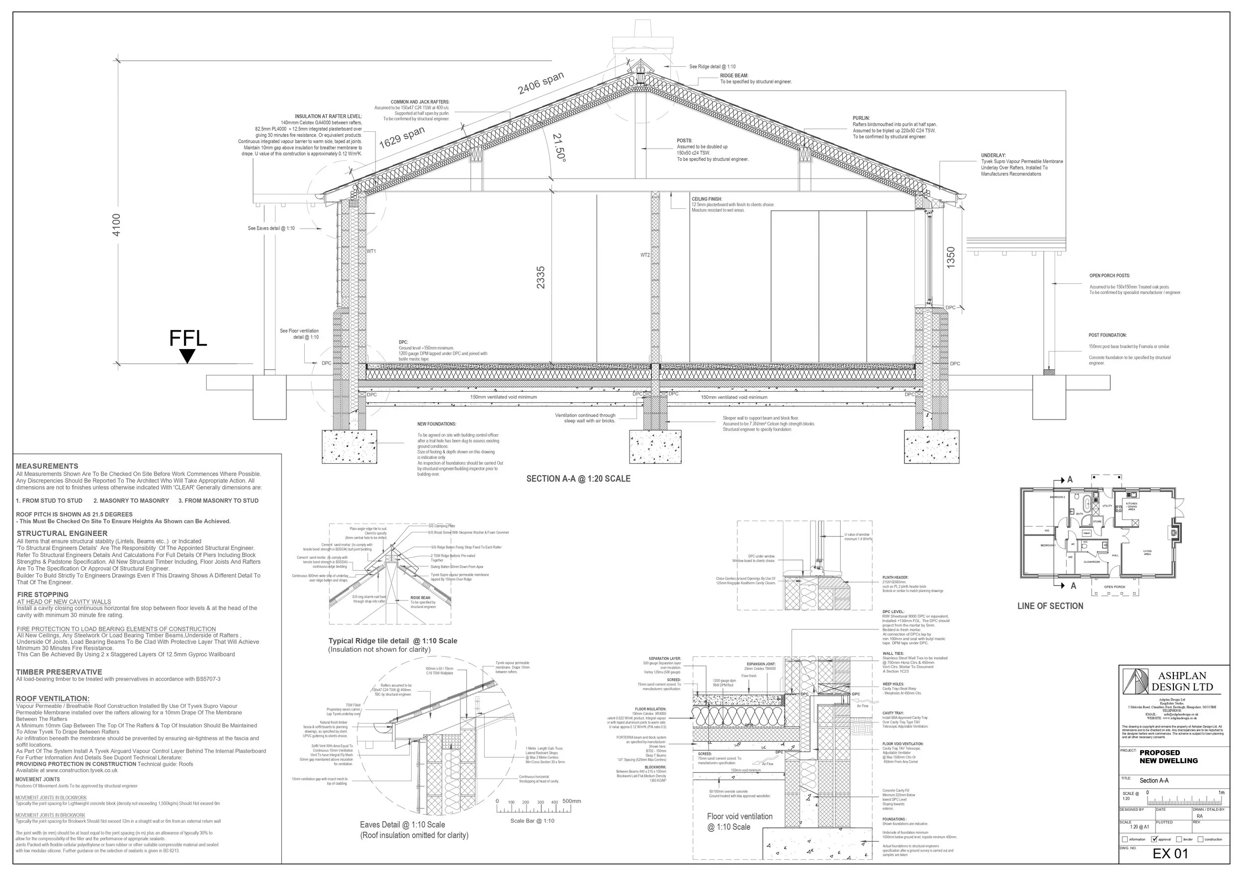 Architectural blueprint of a proposed new house dwelling with detailed sections of roof, foundation, and ventilation system.