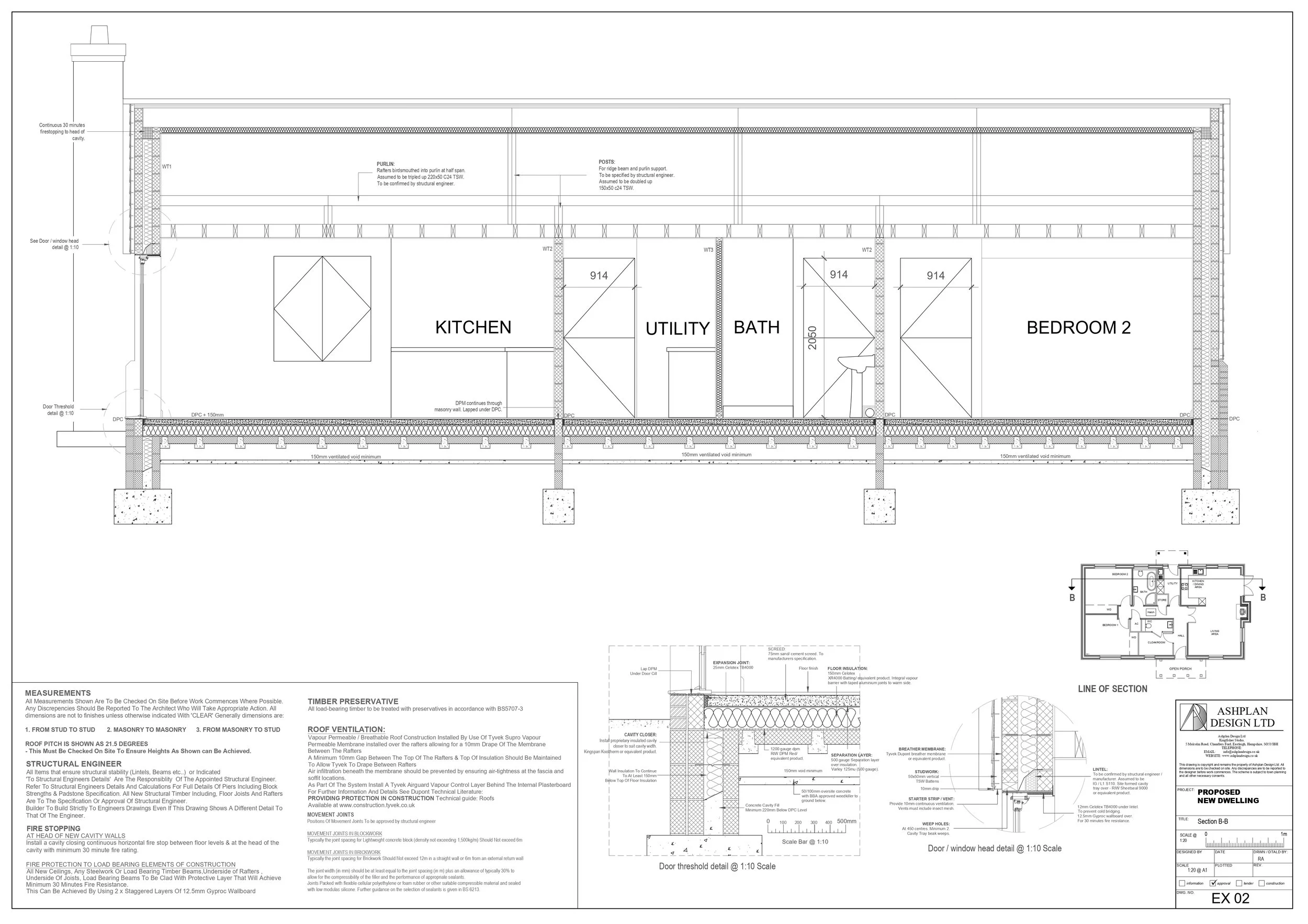 Architectural blueprint of a single-story house showing room layout with labeled rooms: kitchen, utility, bath, bedroom 2; details of construction and materials.