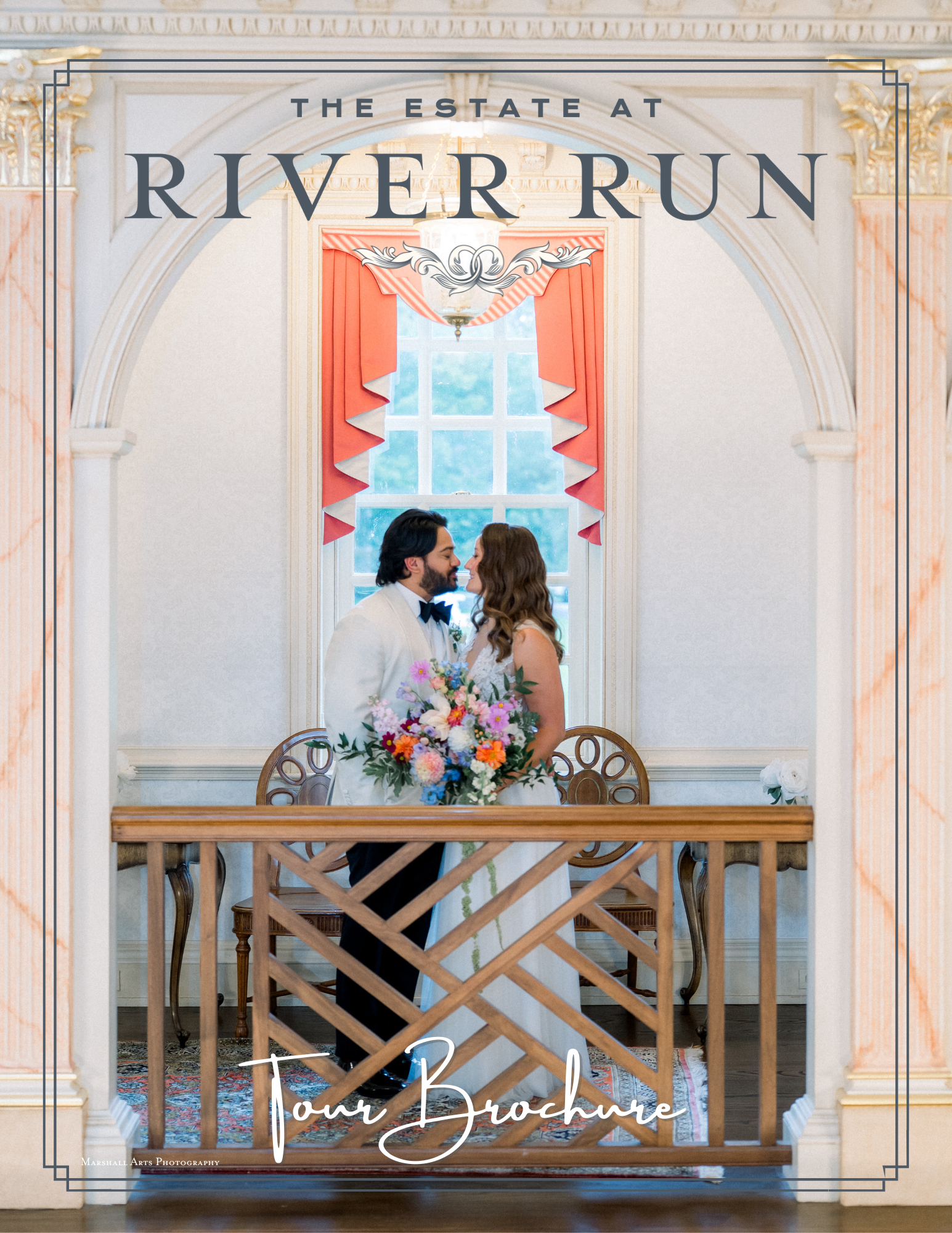 A wedding couple standing on a balcony in a bright, elegant room with a large window, decorated with pink drapes. The groom is in a white tuxedo holding a colorful bouquet, and the bride is in a white wedding dress with long, wavy hair. Text at the top reads 'The Estate at River Run,' and at the bottom, it says 'Tour Brochure.'