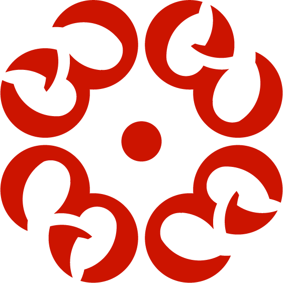 A circular pattern of red Pac-Man shapes arranged around a central red dot on a black background.