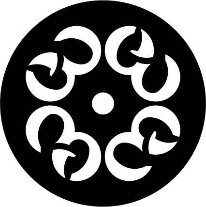 A black and white geometric pattern with interconnected crescent and semi-circular shapes forming a symmetrical circular design.