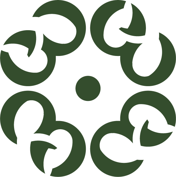A black background with green circular shapes arranged in a pattern, with a small dot in the center.