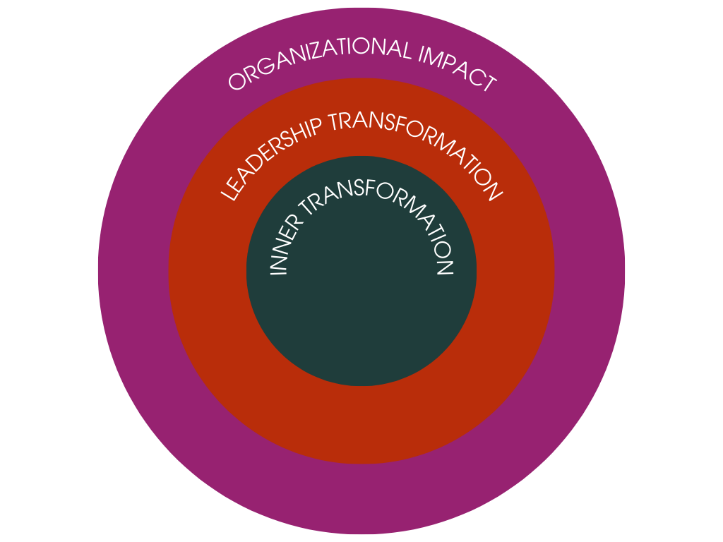 Concentric colored circles with text labeling different levels of impact: inner circle says 'Inner Transformation,' middle circle says 'Leadership Transformation,' next circle says 'Organizational Impact,' and outer circle says 'Overall Impact.'