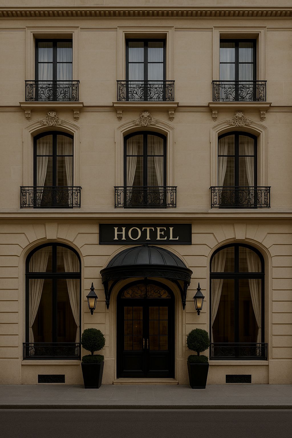 Façade d'un hôtel élégant avec une entrée encadrée de deux lampes et deux grands pots avec des buissons, signage 'HOTEL' au-dessus de l'entrée, trois étages avec fenêtres à balustrades noires et rideaux blancs.