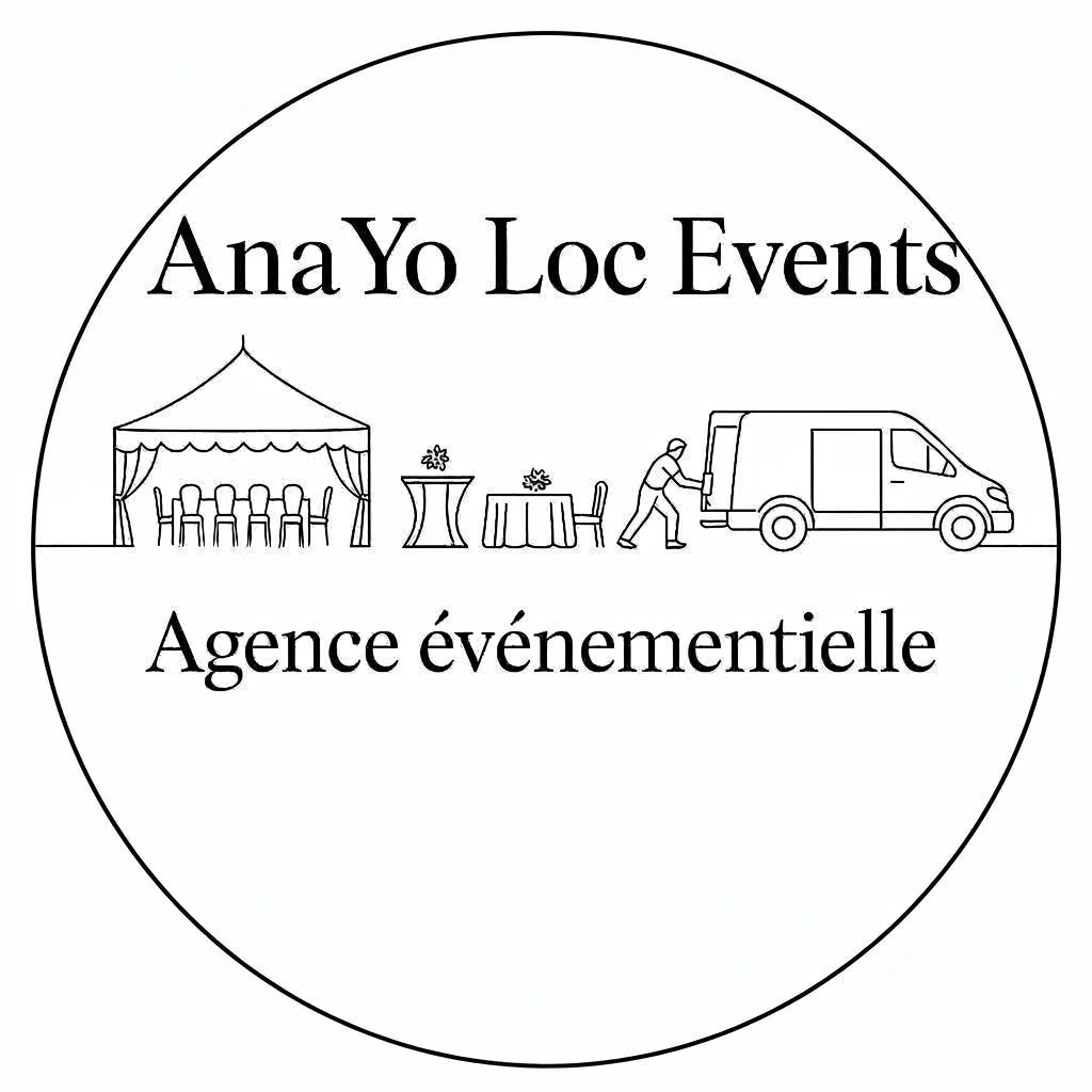 Logo de l'agence événementielle Ana Yo Loc Events avec illustration d'une tente de fête, tables avec des fleurs, et un homme chargeant une voiture de livraison.