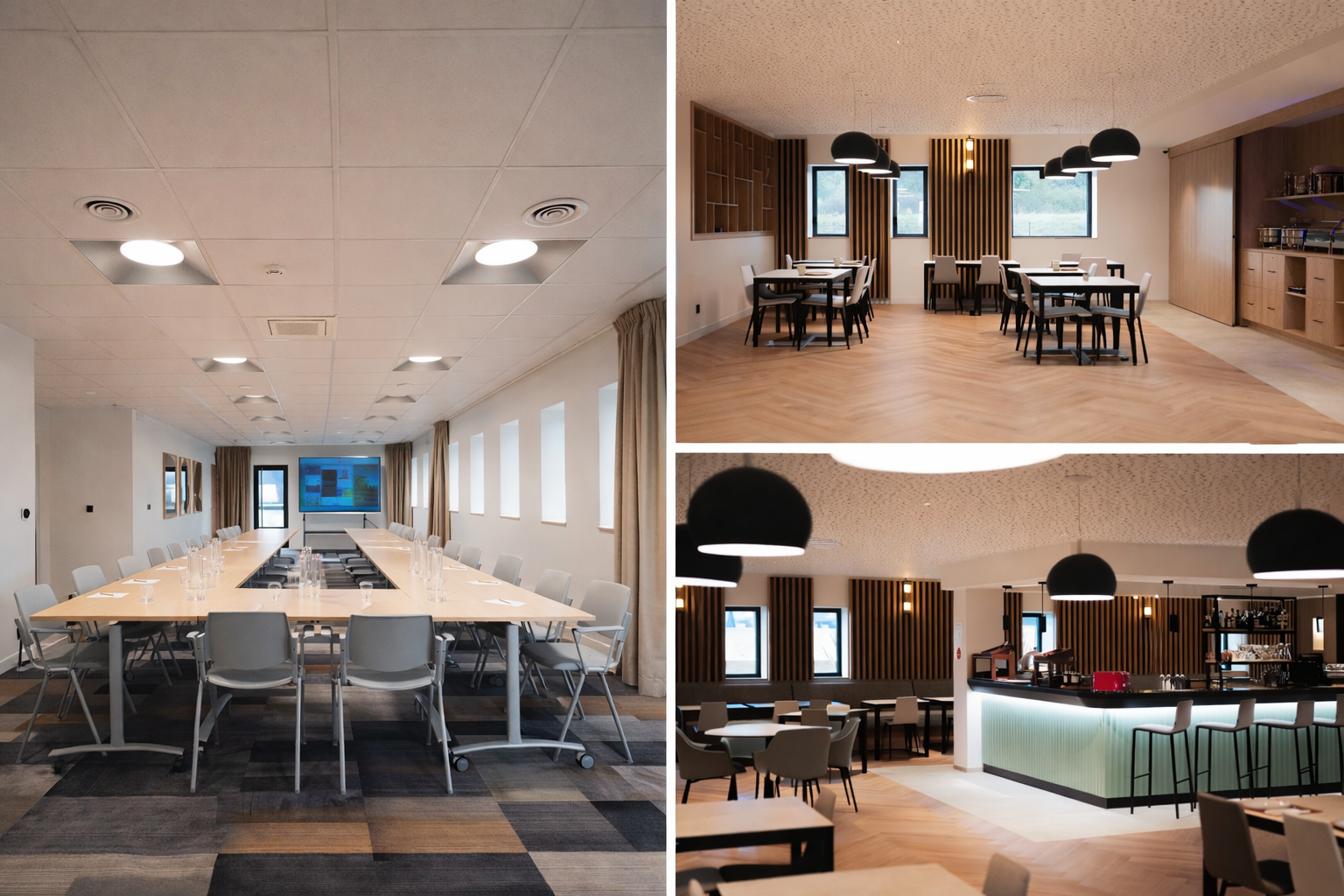 Salle de réunion avec grande table et chaises, et espace pour restauration avec bar et sièges