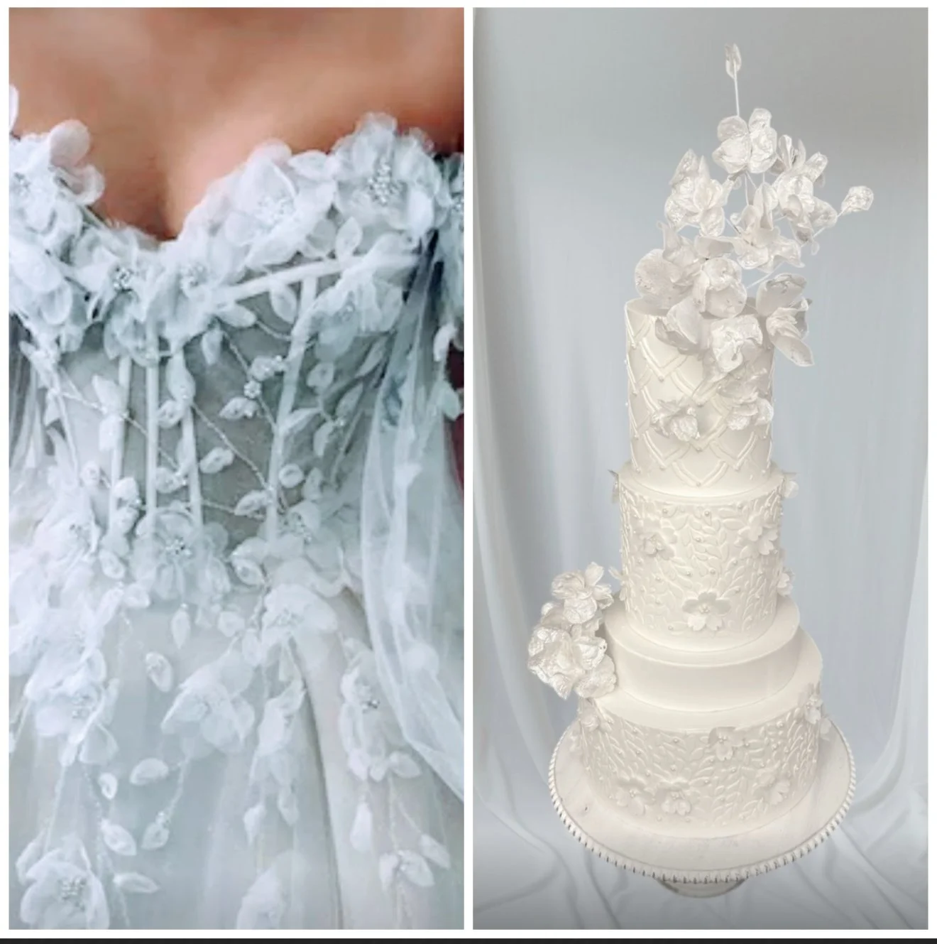 Close-up of a wedding dress with floral lace details on the bodice on the left, and a tall, multi-tiered white wedding cake with floral decorations on the right.