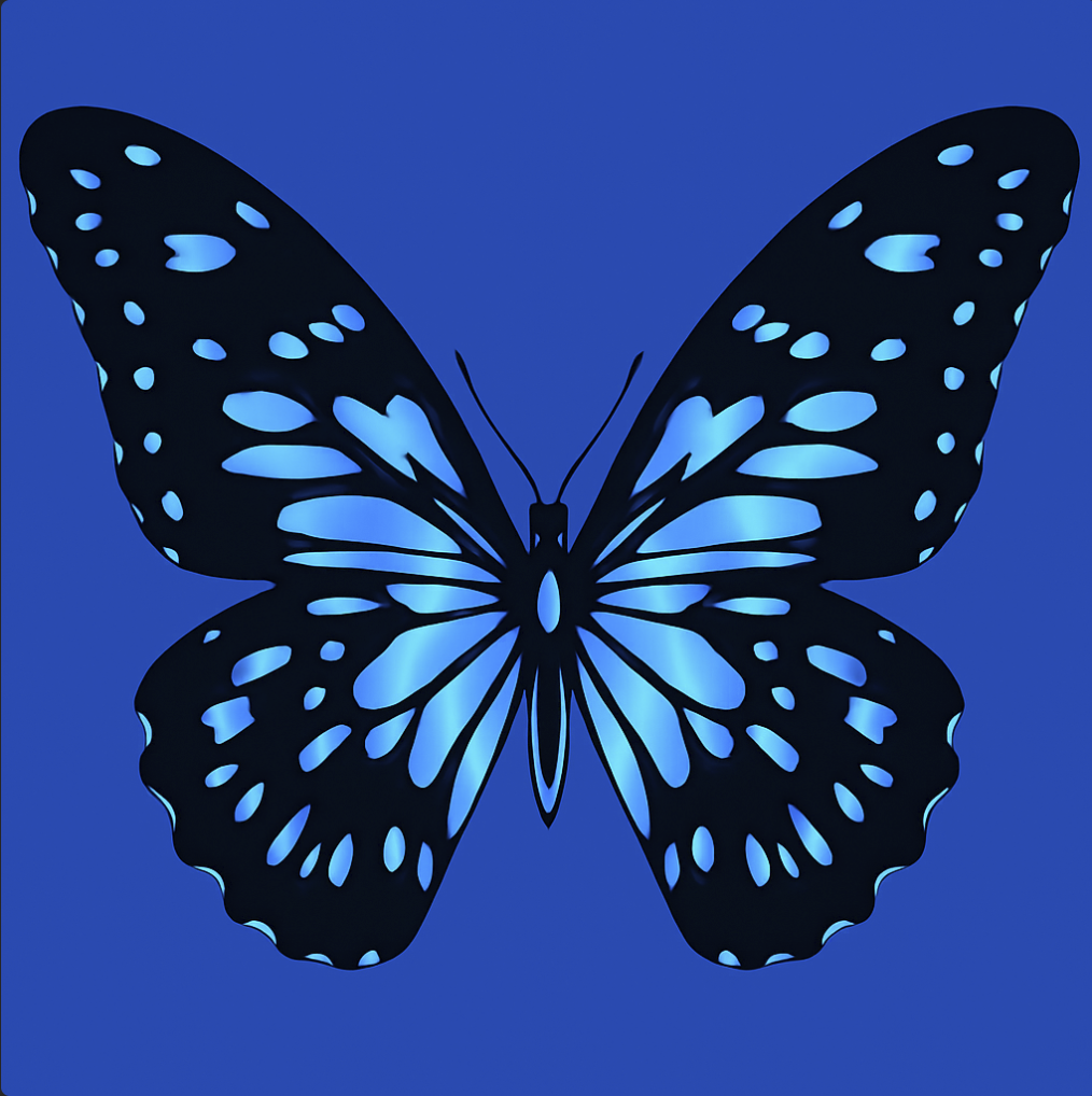 Silhouette of a butterfly with glowing blue wings on a blue background.