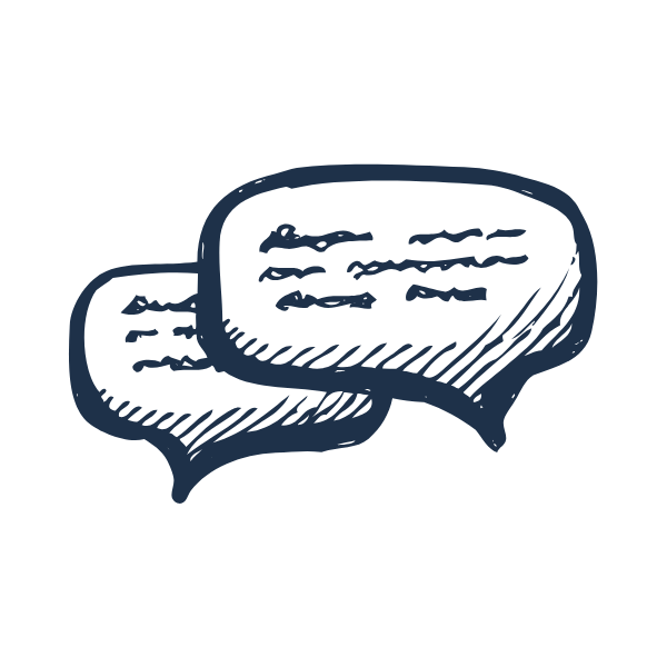 Two overlapping speech bubbles with handwritten text.