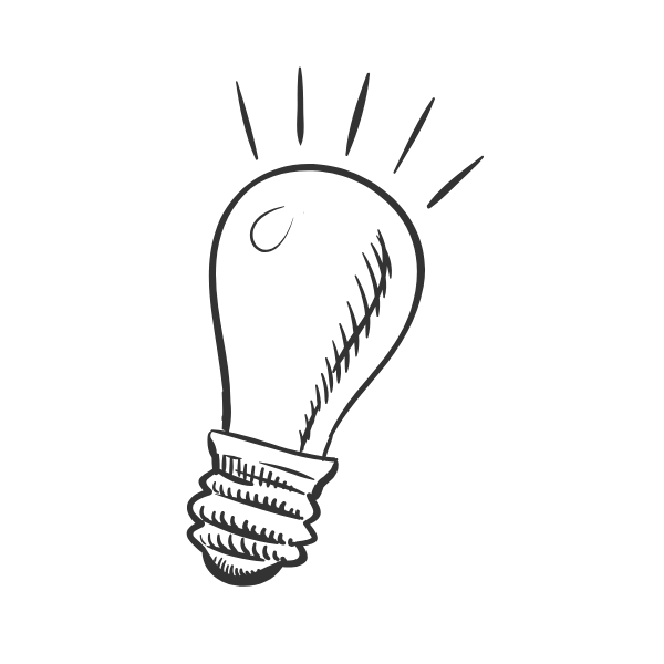 Black and white illustration of a lit light bulb with rays coming out from the top.