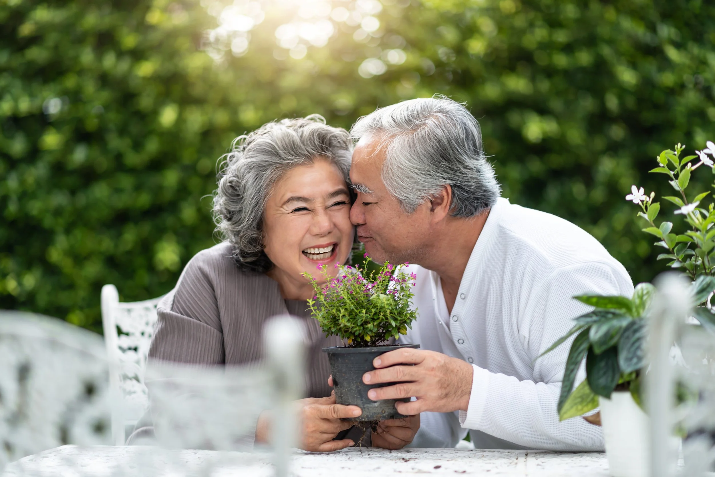 A smiling elderly woman and man with gray hair sharing a joyful moment outdoors, holding a potted flowering plant together, with greenery in the background.
