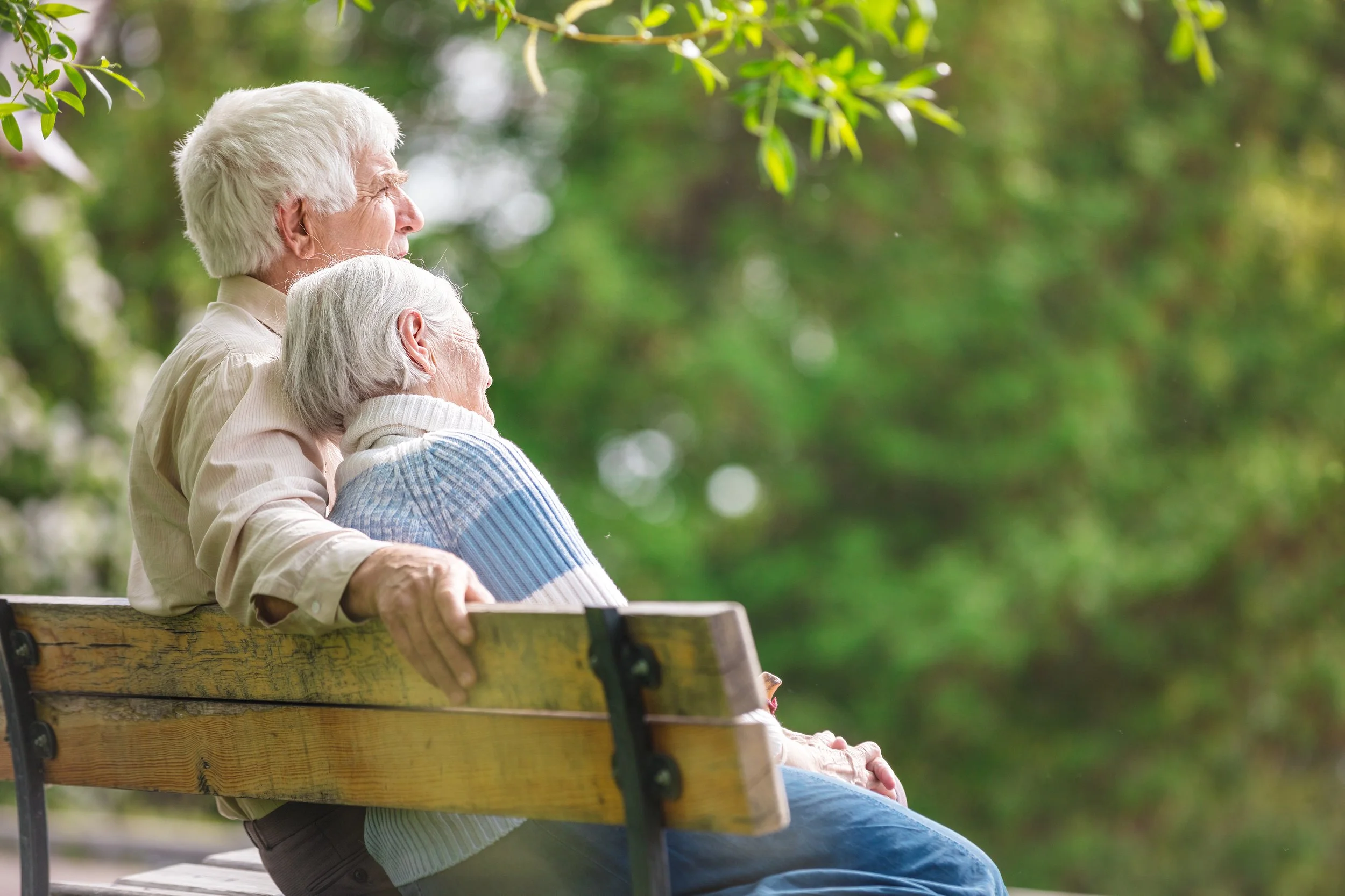 An elderly couple sitting on a park bench, looking towards the distance, surrounded by green trees.