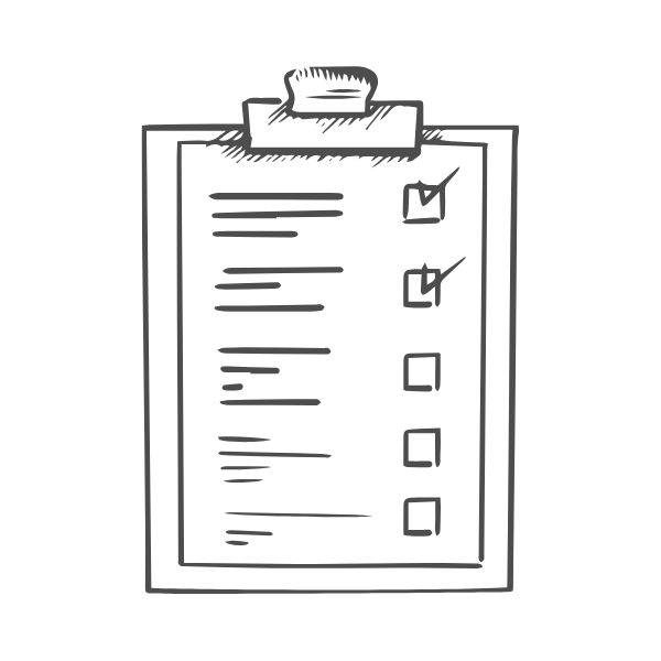 Sketch of a clipboard with a checklist, some items checked off.