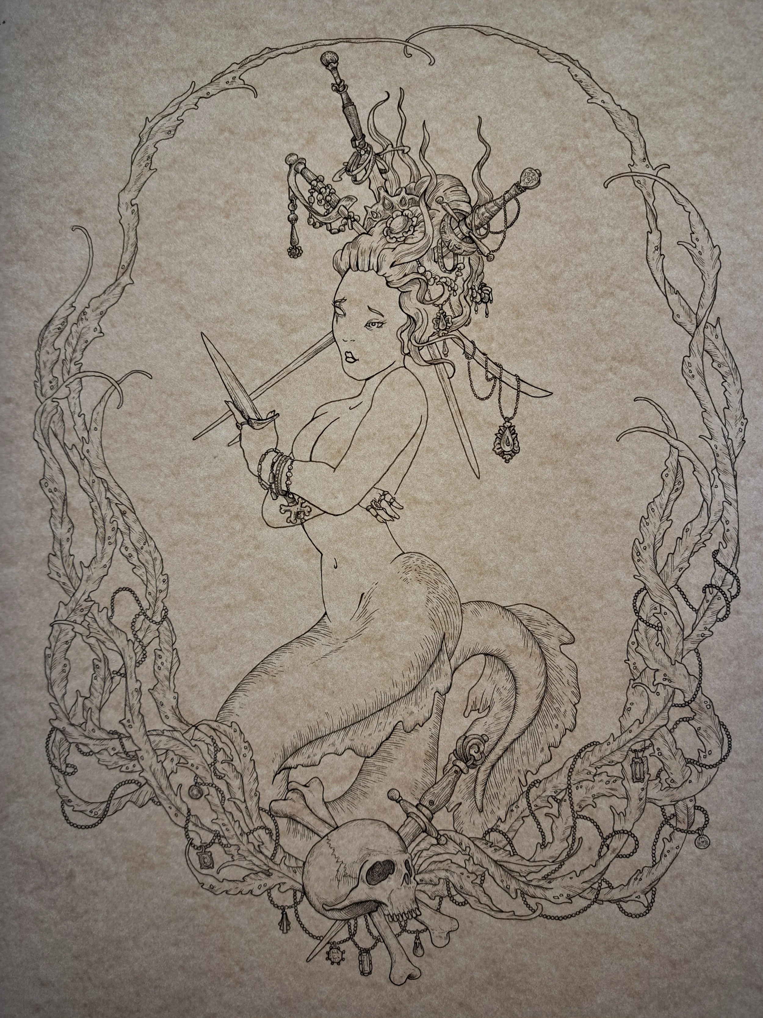 A drawing of a mermaid with a sword, wearing jewelry, surrounded by skulls, swords, and vines on textured paper.