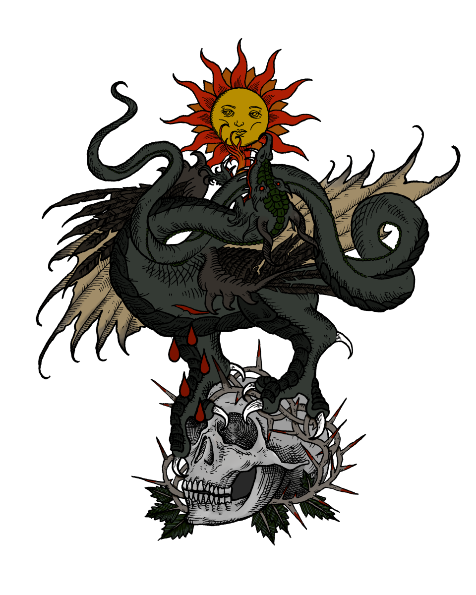 A dark green dragon on top of a skull and thorns eating the sun.