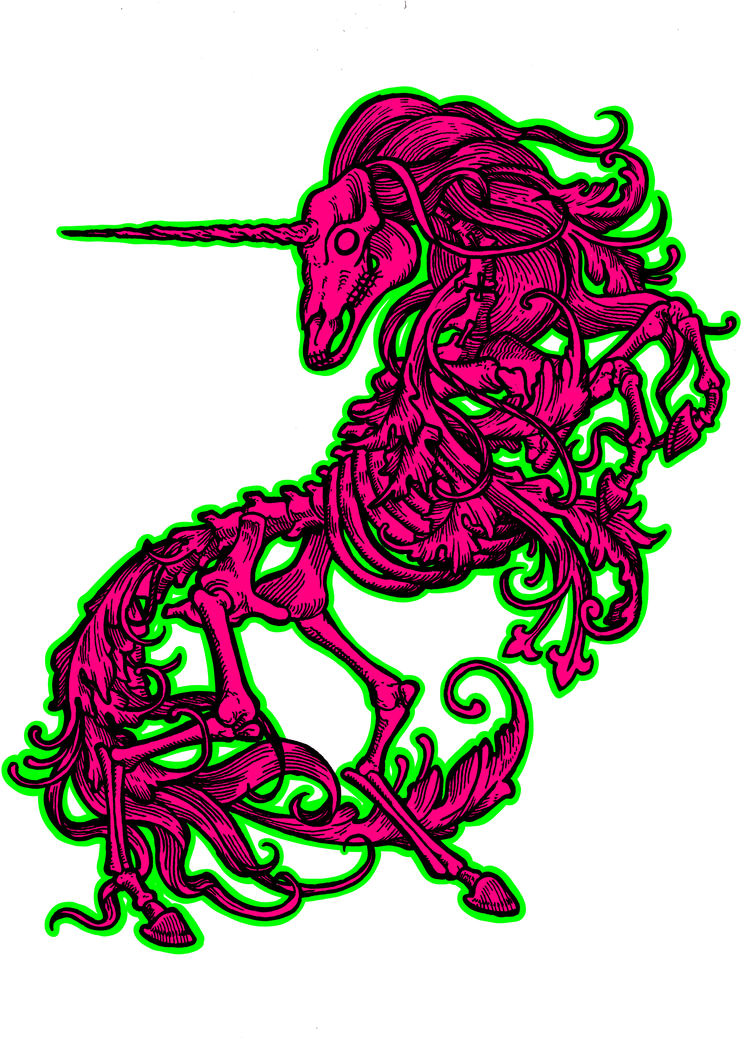 Neon pink skeleton unicorn with neon green highlights.