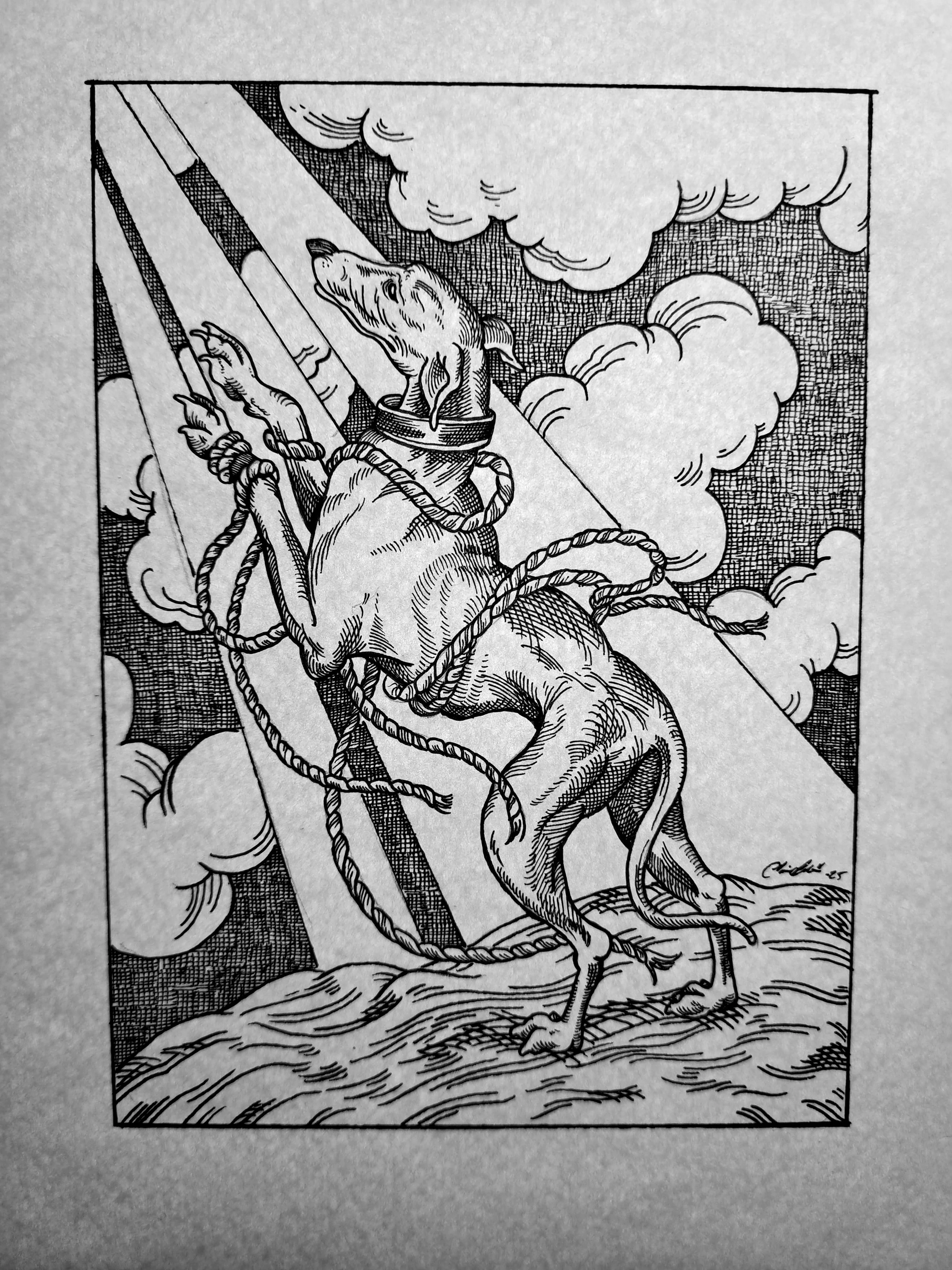 Black and white illustration of a dog standing on its hind legs, wrapped in ropes, with composure and looking upward, against a background of clouds and rays of sunlight.